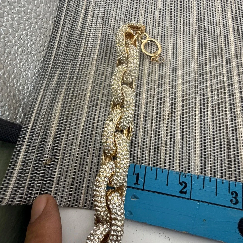 Gold Tone Pavé Crystal Chunky Curb Link Statement Bracelet 8.5in Iced Out Bling